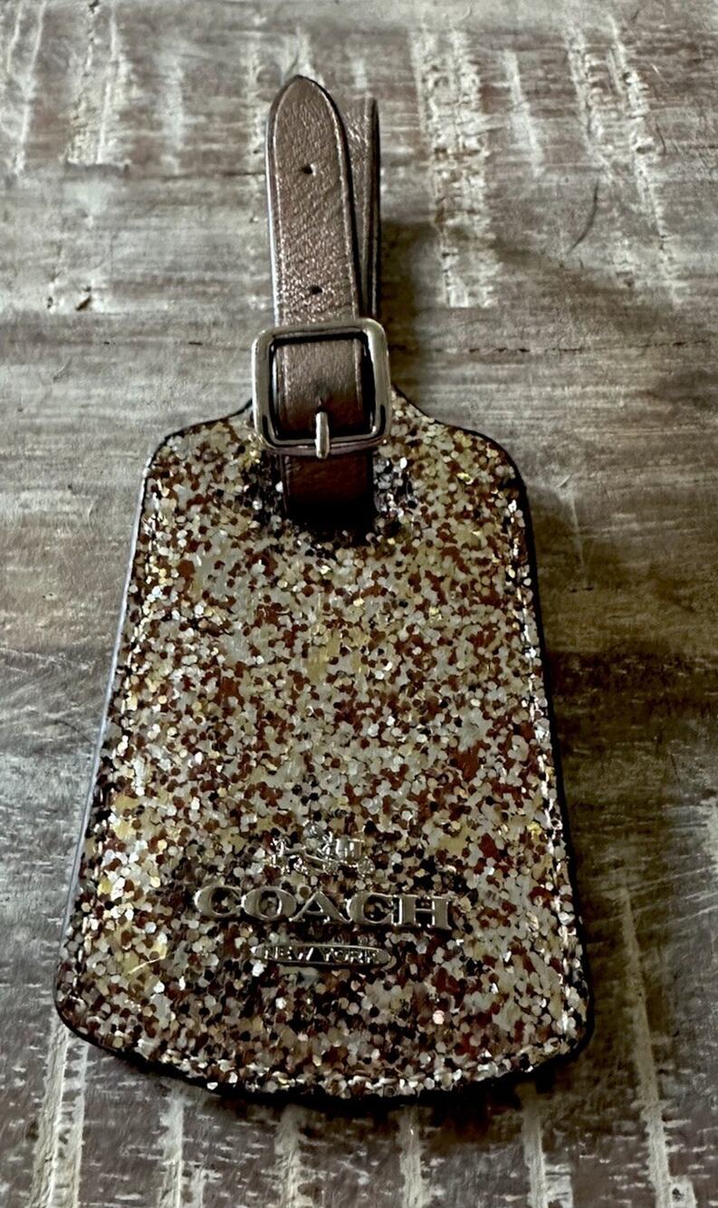 Coach Glitter Luggage Tag Gold Brown Beige Travel Bag ID Charm